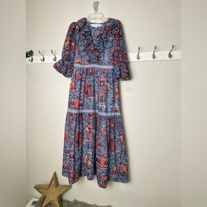 Gretchen Scott Designs Blue and Red Tiered Sundress EUC